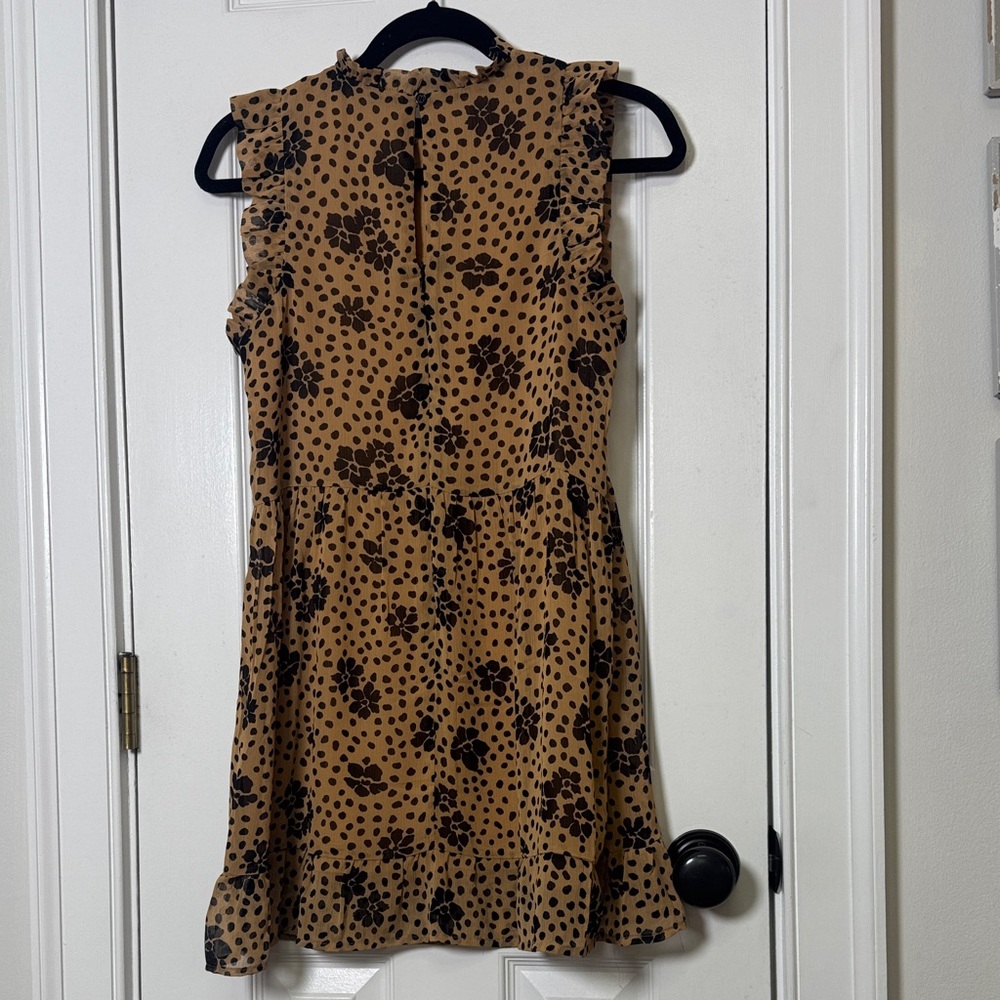 Forever 21 Tan Black Floral Polka Dot Dress Small Ruffle Sleeves Lined - Picture 7 of 10